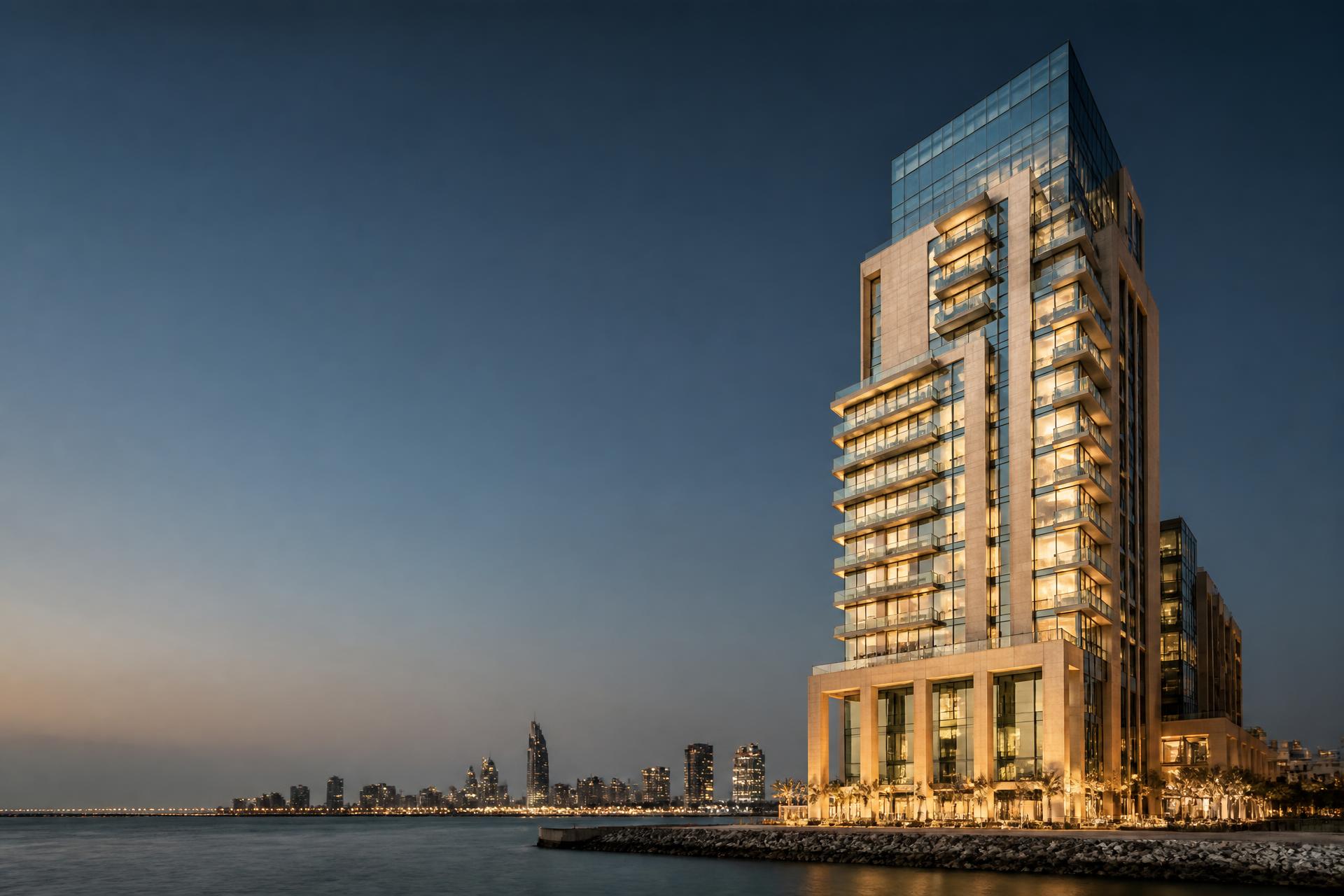 Contemporary waterfront property in the Gulf at dusk